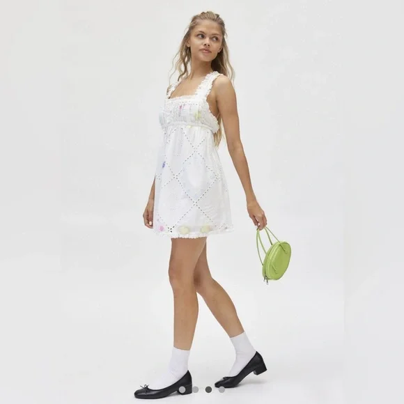 knee length dresses for ladies Andrea Lemon and White Broderie Ruffled Bardot Mini Dress  Club L London